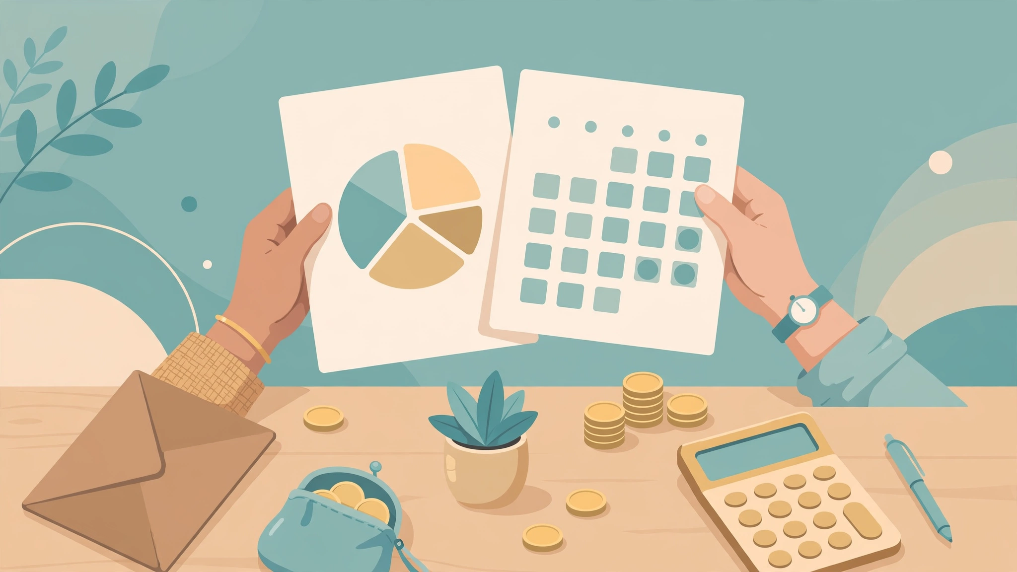 Couple reviewing a shared budget chart and calendar together during a career transition