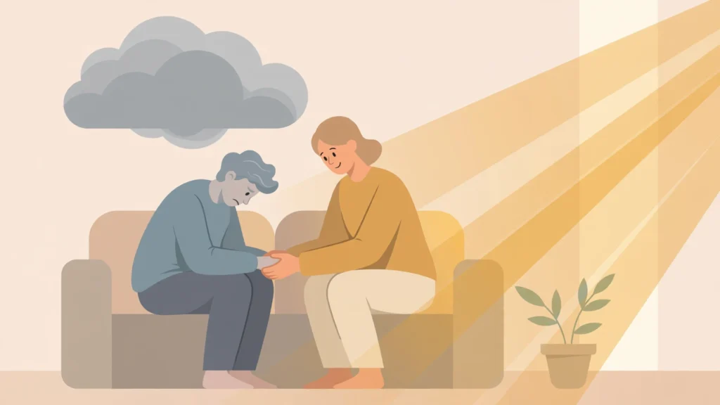 Supporting a partner with depression: a caring partner holding hands with their loved one through a difficult time