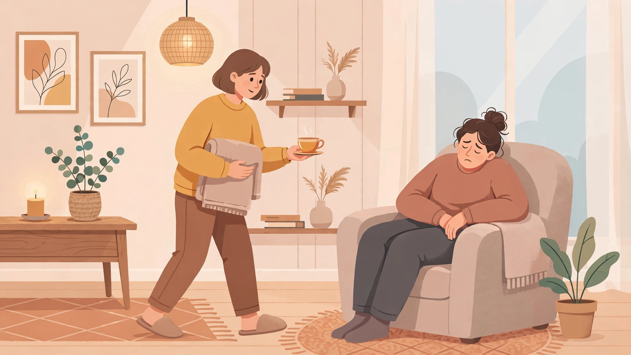 Partner bringing warm tea and comfort to a grieving loved one