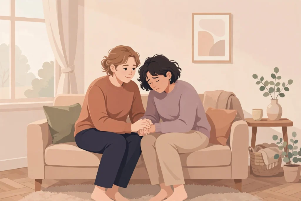 Couple holding hands while supporting partner through grief at home