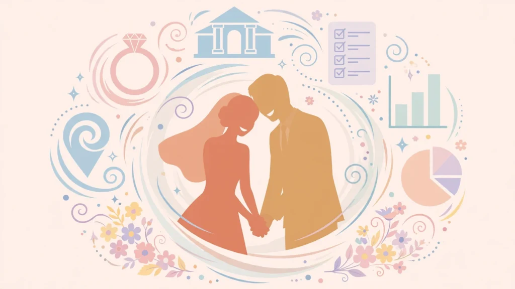 Couple holding hands calmly at the center of a wedding planning stress storm