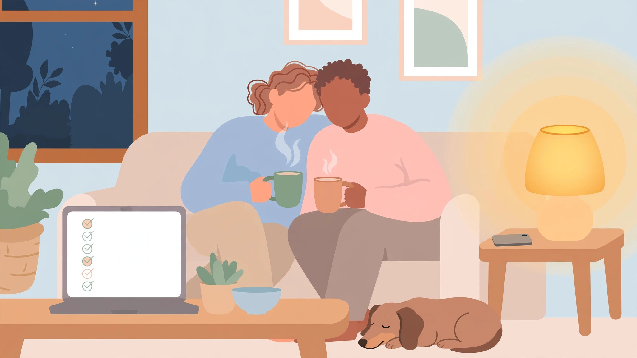 Couple enjoying a no-wedding-talk date night on the sofa to beat wedding planning stress