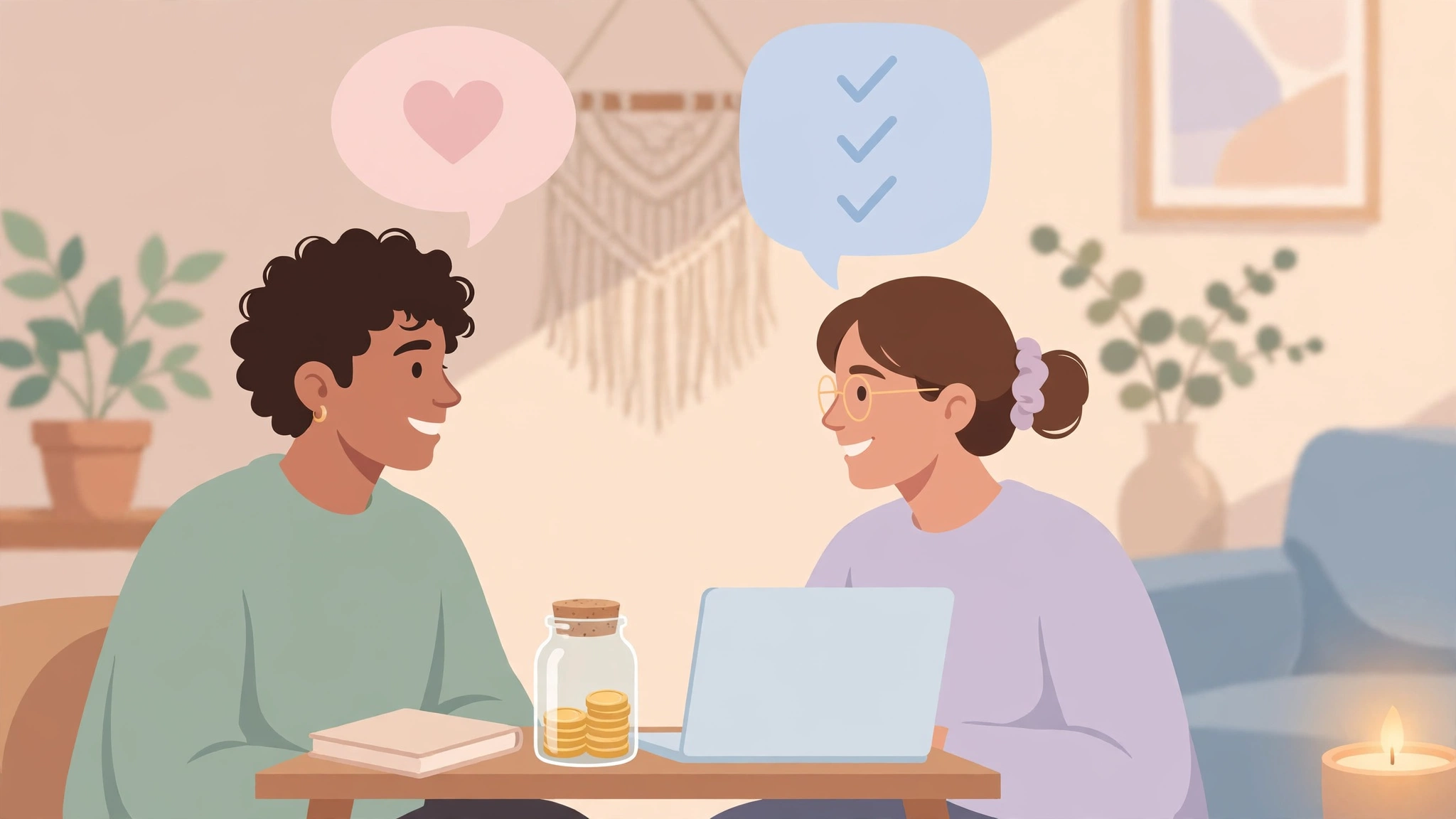 Couple having a calm wedding planning budget conversation together at home