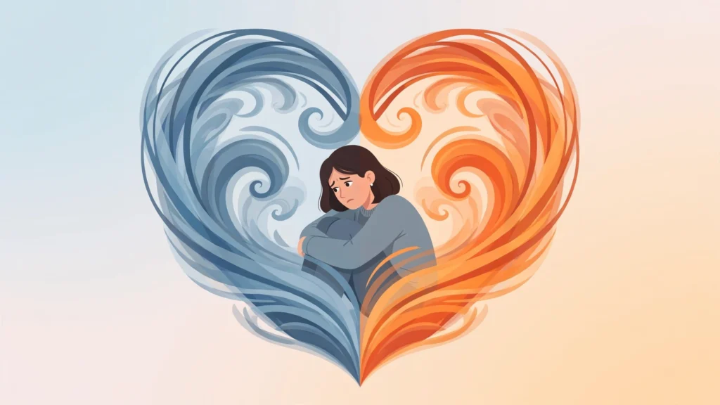 Trauma bonding signs — a woman inside a heart-shaped cage of swirling warm and cold waves