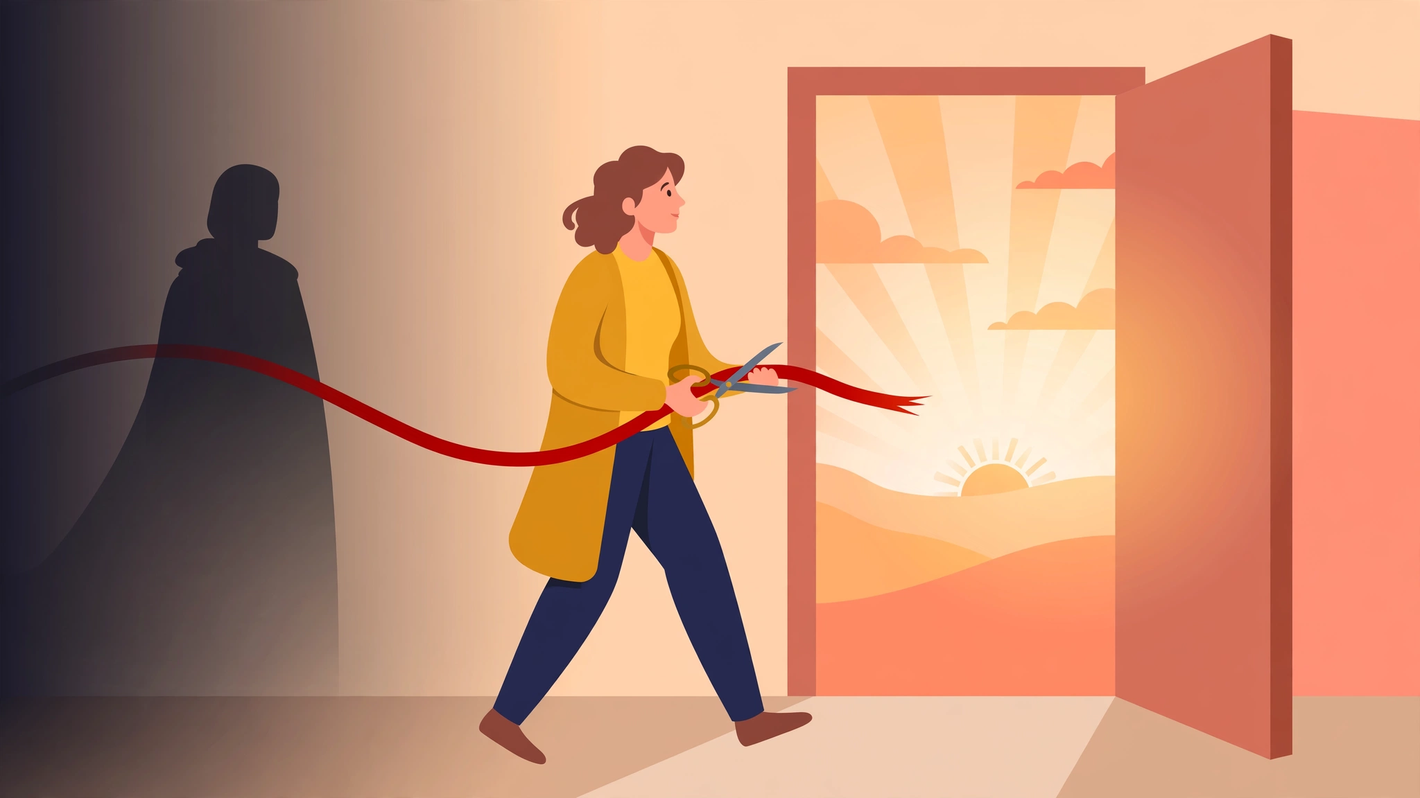 Breaking free from trauma bonding — a woman cutting the thread and walking toward the sunrise
