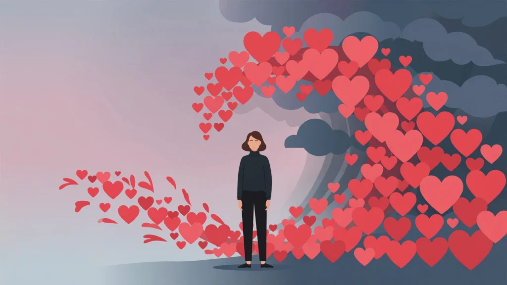 What is love bombing — a woman facing a tidal wave of hearts, warning signs of love bombing