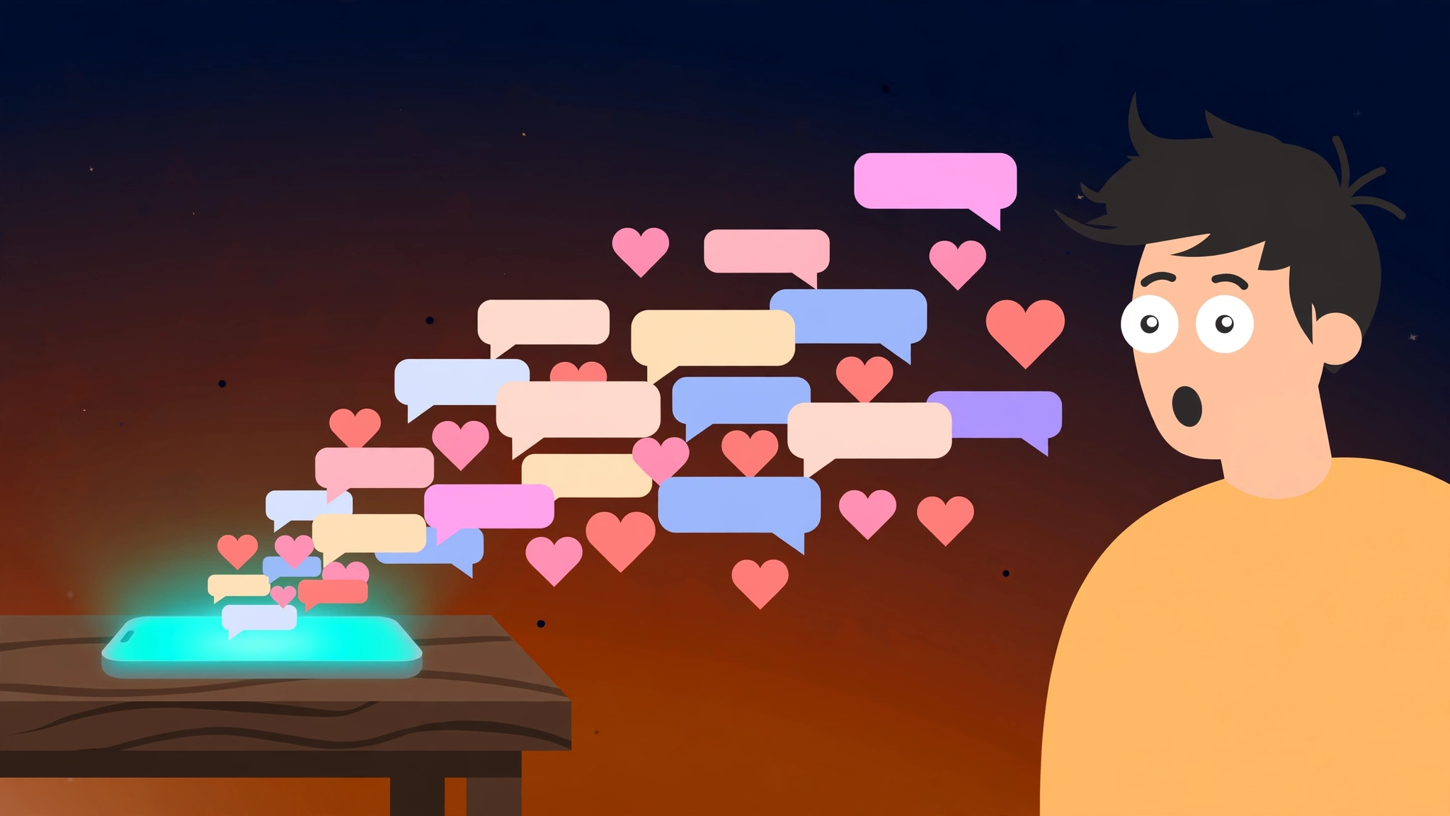 Love bombing over text — a phone overflowing with excessive messages and hearts