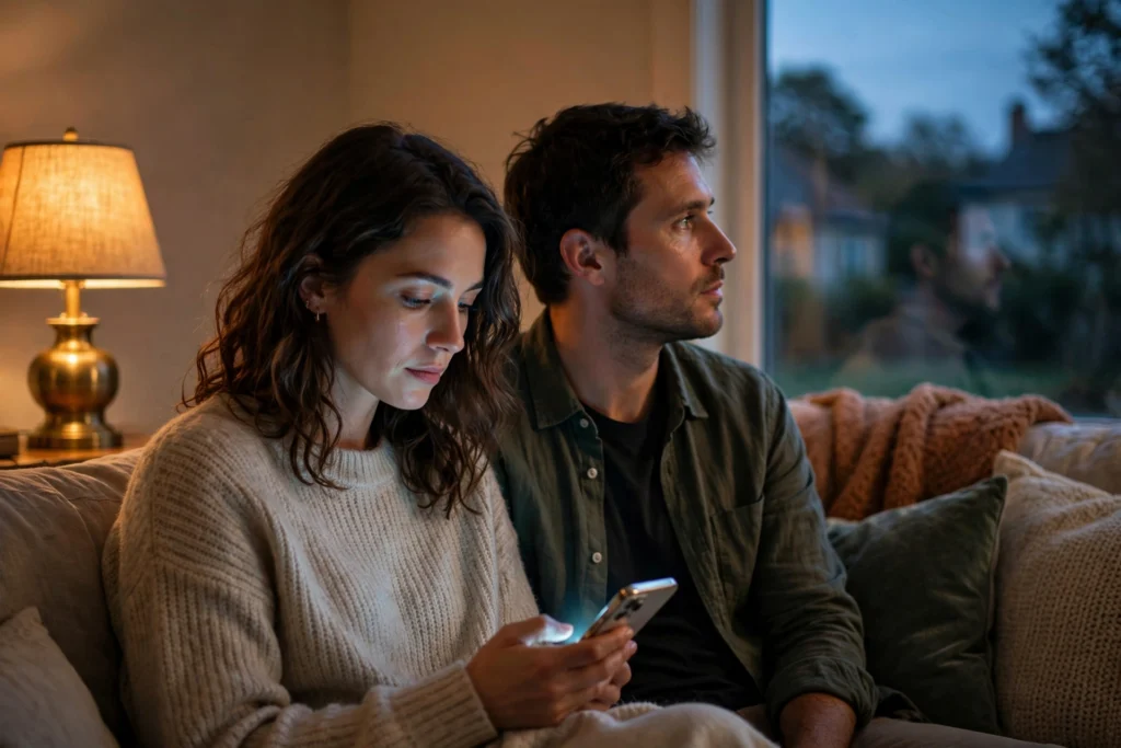 Couple on a couch at dusk with a phone, illustrating what is micro-cheating in modern relationships