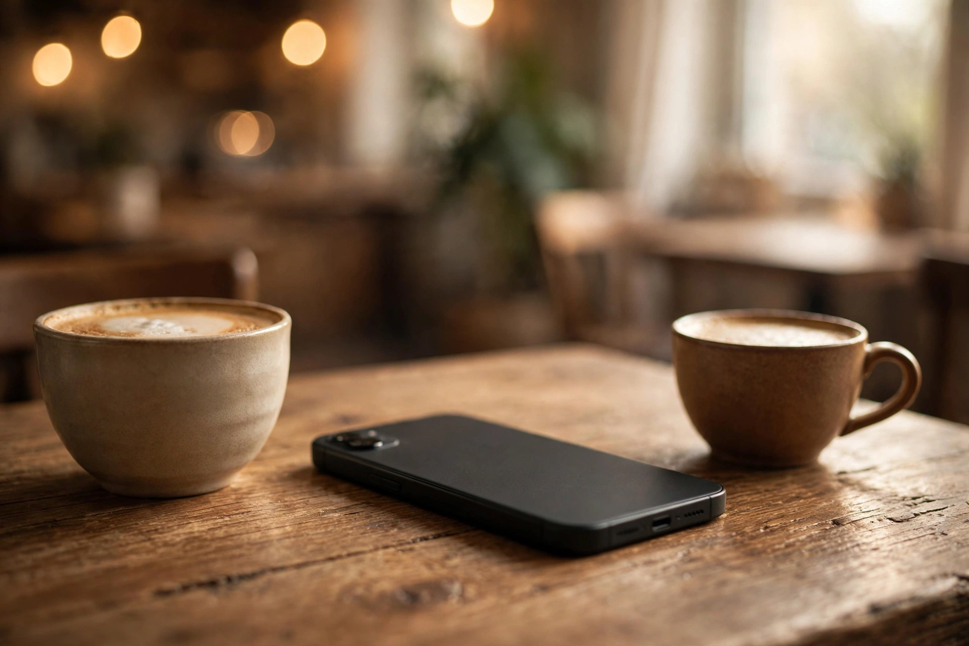 Smartphone lying on a cafe table between two coffee cups, representing secret digital conversations