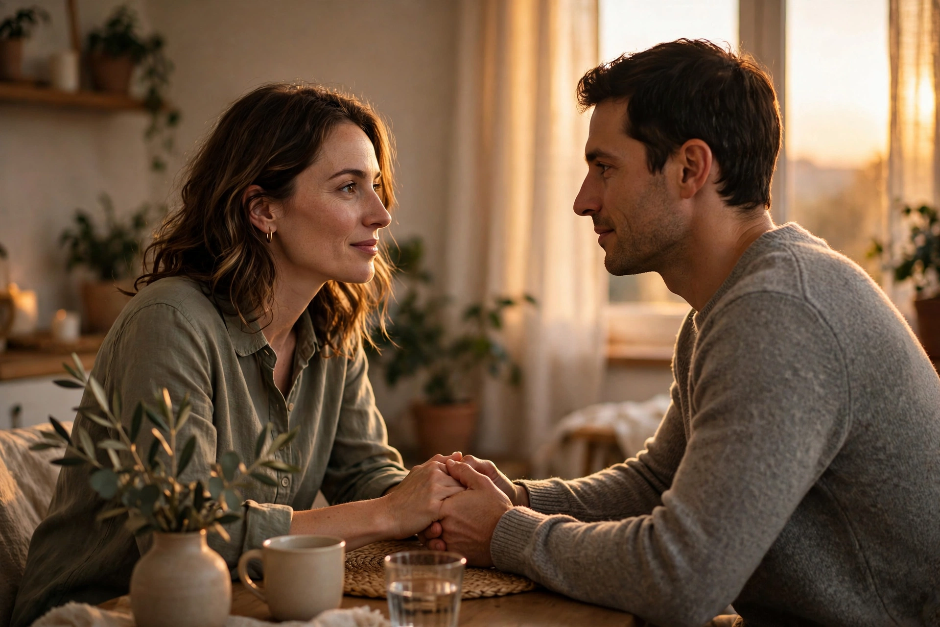 Couple holding hands across a table during an honest conversation about relationship boundaries