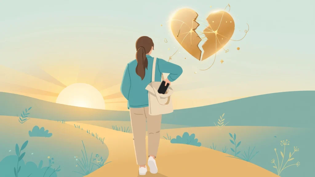 Woman walking toward a sunrise with her phone put away, showing the no contact rule after breakup helps healing