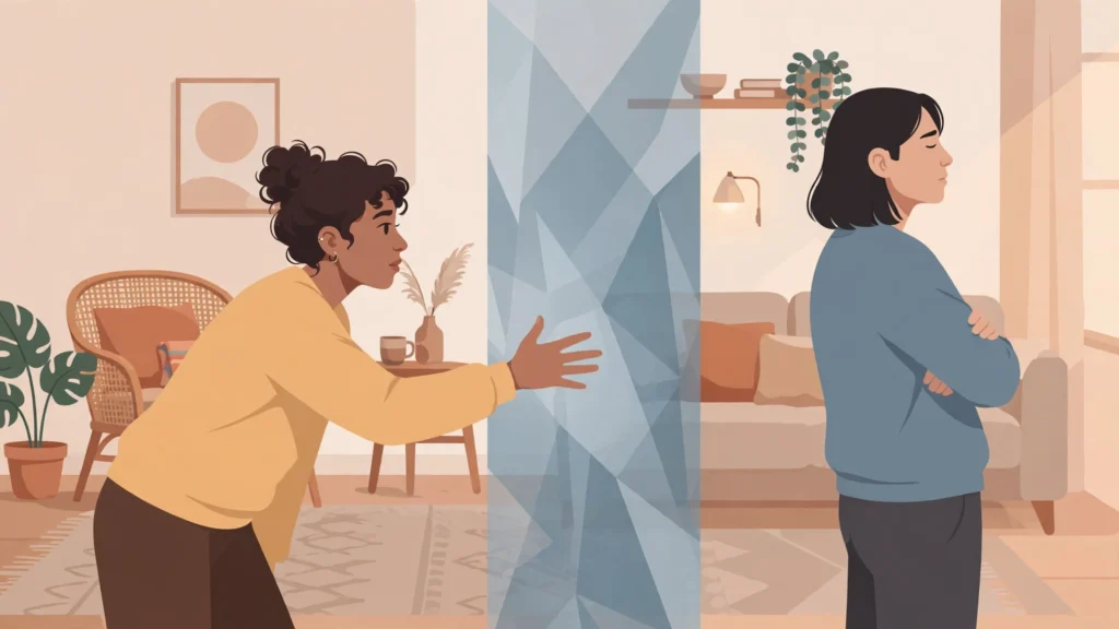 Partner shuts down during arguments: couple mid-disagreement with one partner withdrawn and turned away