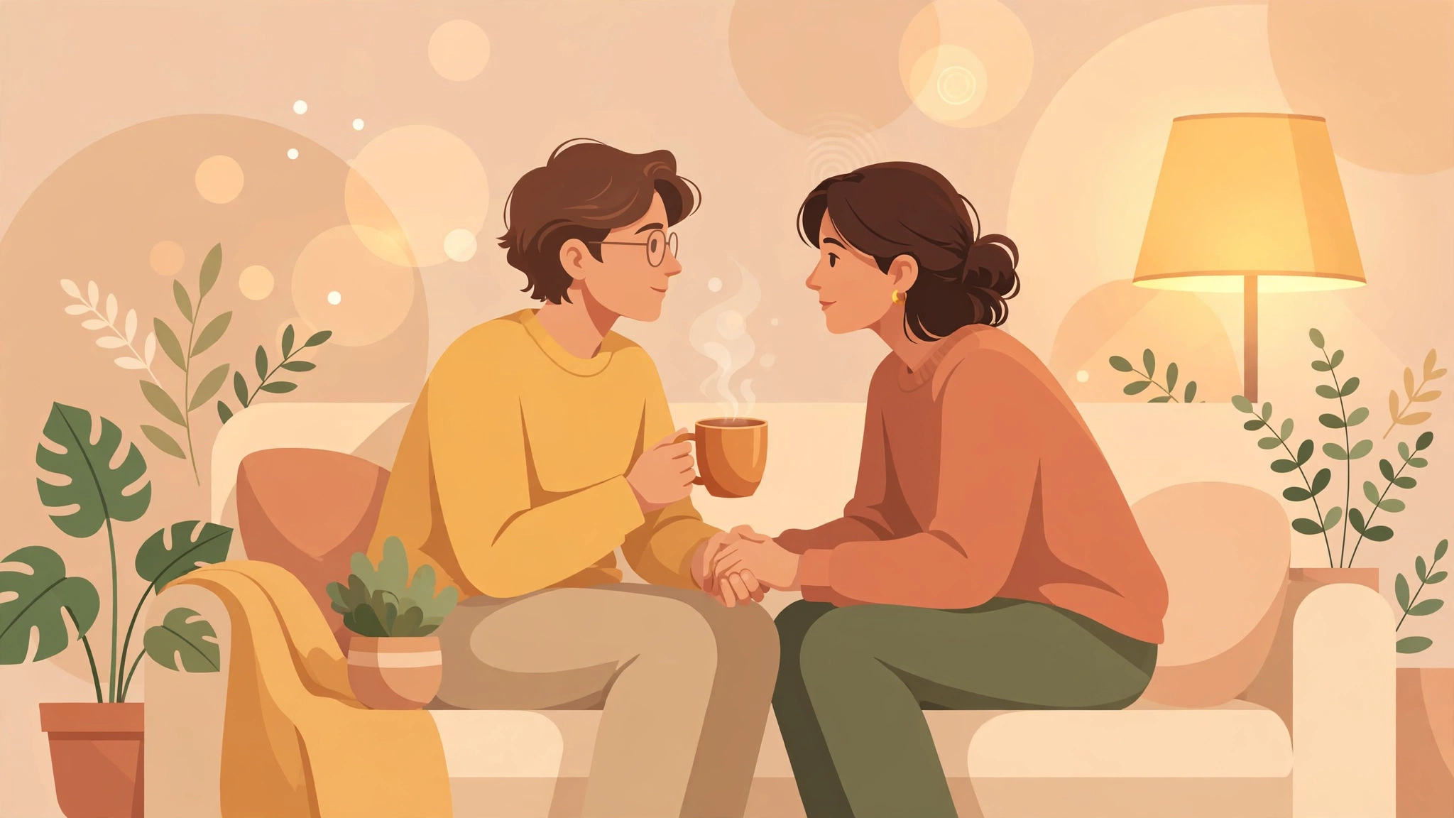 Couple reconnecting calmly on a couch after conflict, holding hands