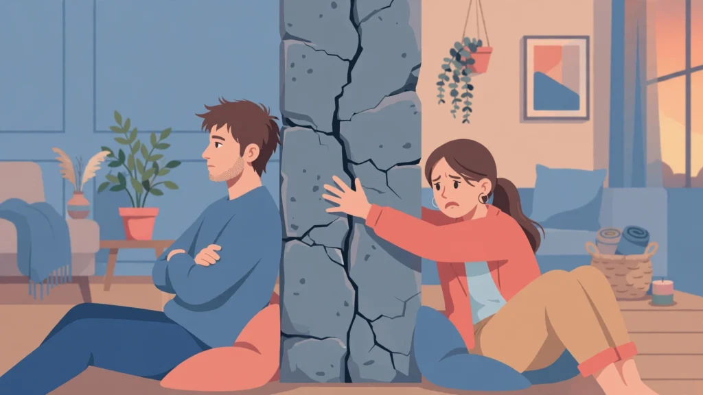 Couple separated by a cracked stone wall, illustrating how to stop stonewalling in relationship conflicts