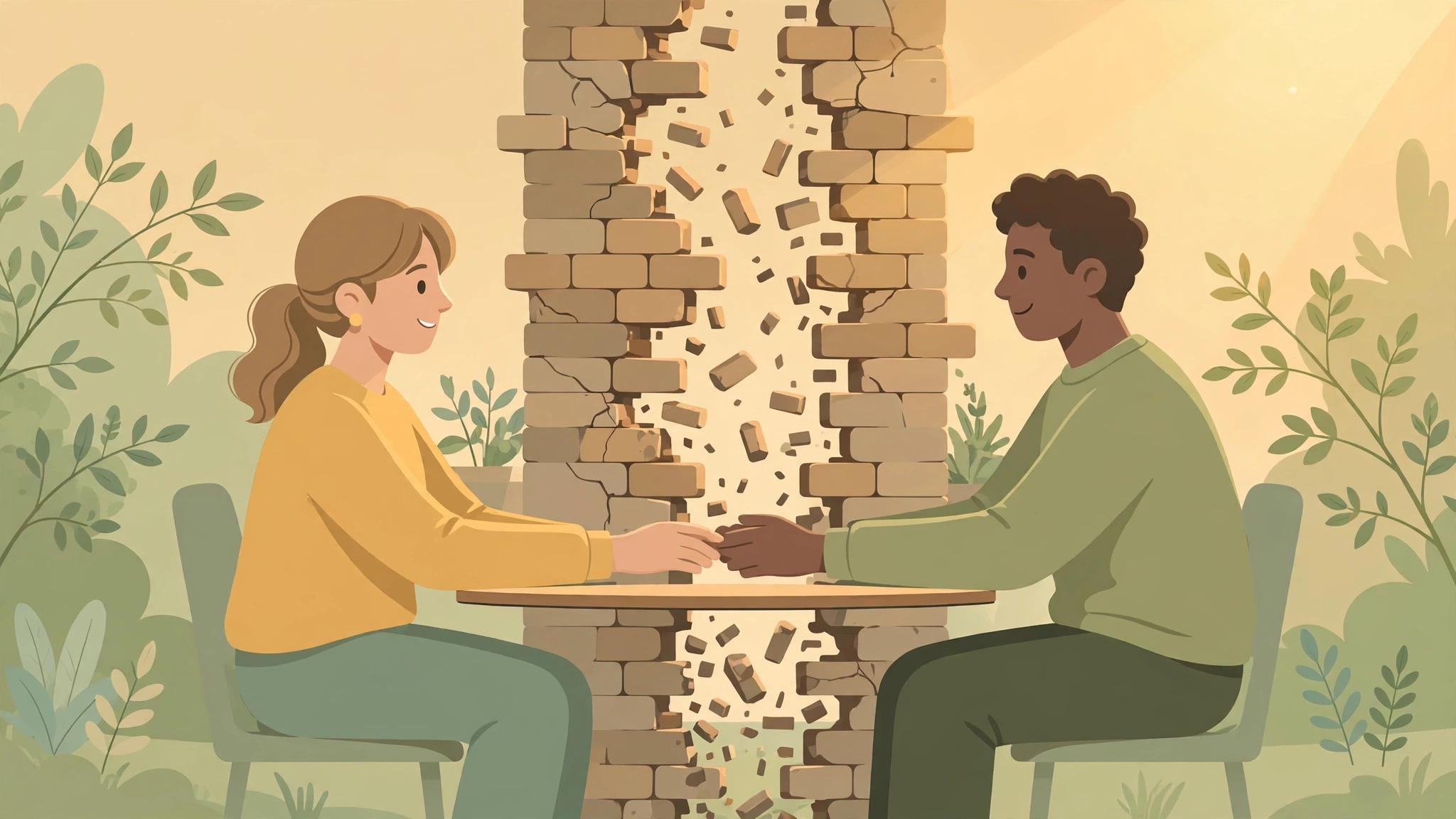 Couple reconnecting as a stone wall crumbles, showing how to stop stonewalling in relationship repair
